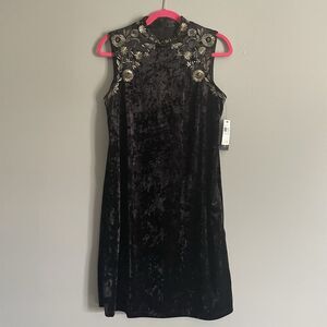 Vtg 90s Velvet Mini Dress Gold Floral Embroidered Whimsigoth Mandarin Grunge Med